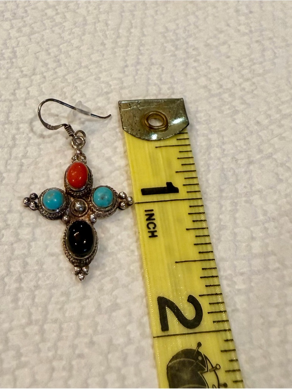 Sterling-.925 Multi-Stone Cross Drop Earrings - Turquoise, Coral & Black - Picture 3 of 4